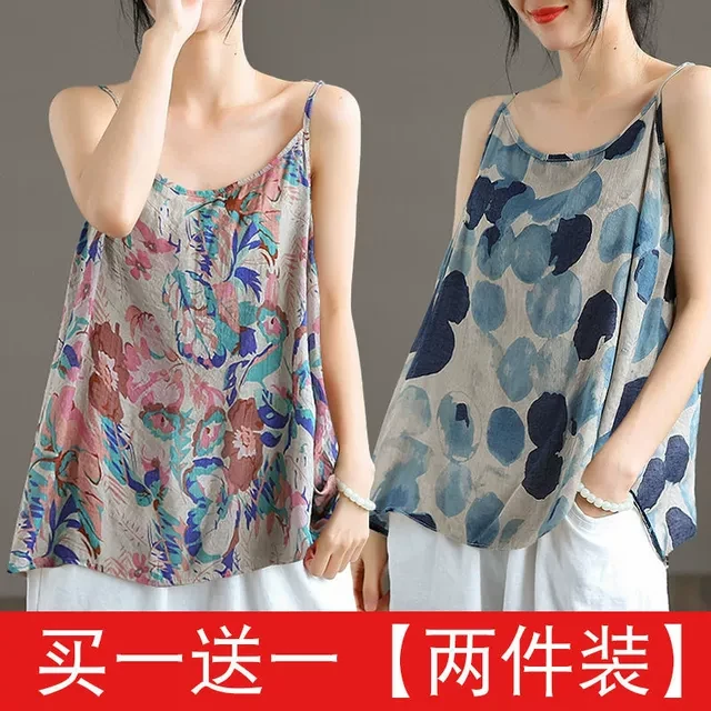 单俩件装吊带夏季复古印花小吊带女士宽松无袖外穿打底内搭上衣