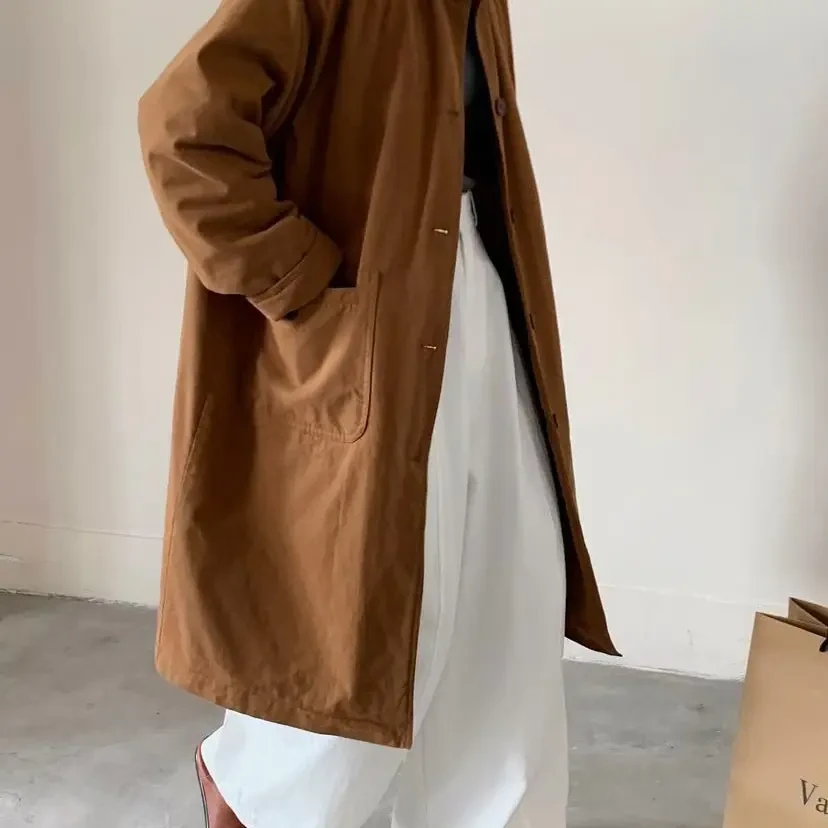 复古拼接灯芯绒翻领宽松中长款女冬季工装棉服外套