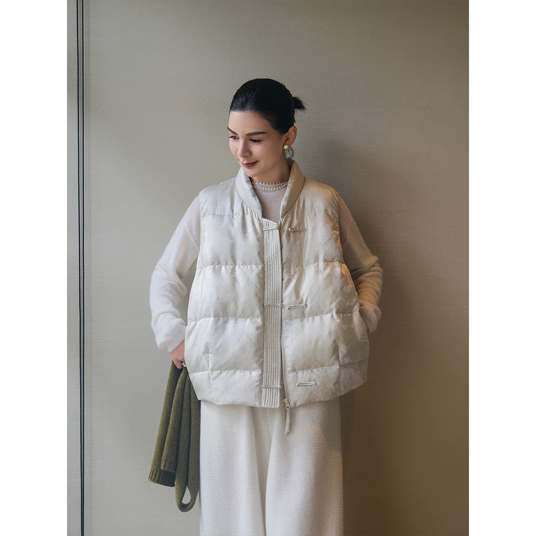 麻霖原创设计冬新品16姆米复丝金线提花绸95白鸭绒新中式羽绒马甲