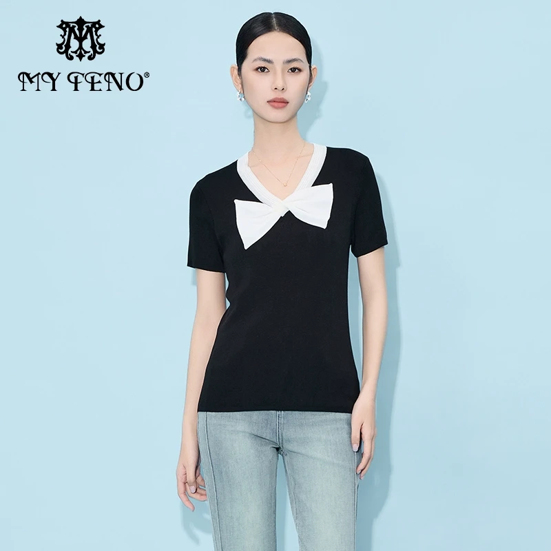 【微微专属】马天奴莱赛尔针织衫蝴蝶结短袖上衣女装VHS379SWH0