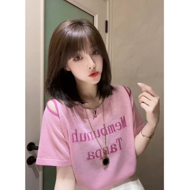 设计感撞色镂空露肩短袖t恤女夏2025新款宽松薄款冰丝上衣针织衫