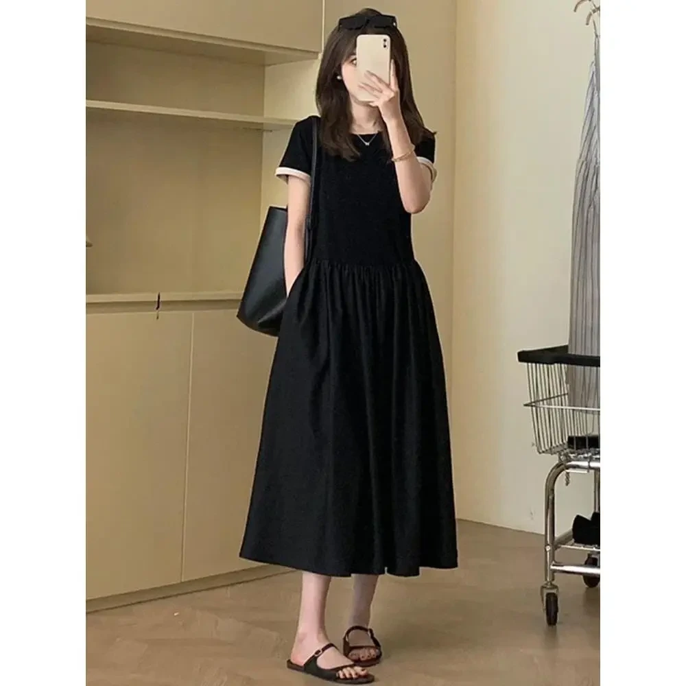 法式气质短袖黑色连衣裙收腰宽松显瘦设计感小众夏季百搭时尚裙子