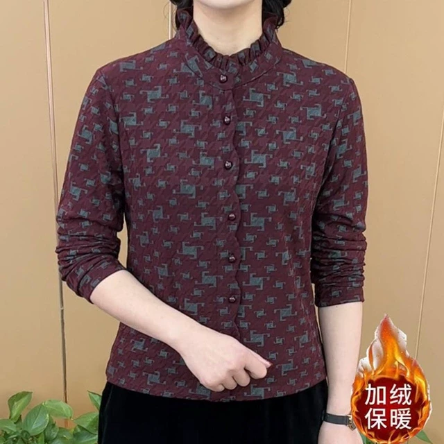 秋冬新款时尚减龄休闲遮肉印花洋气立领长袖套头显瘦减龄女士上衣