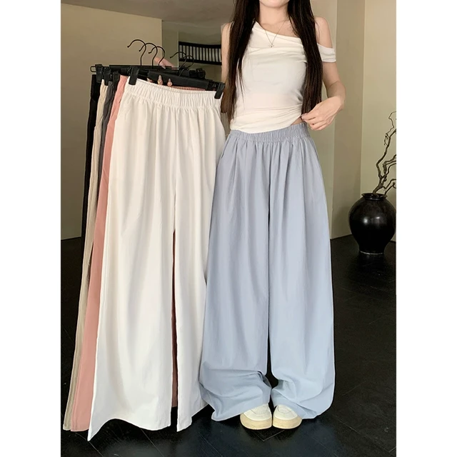 松紧腰蓝色休闲裤女夏季阔腿裤垂感宽松直筒裤子百搭显瘦拖地长裤