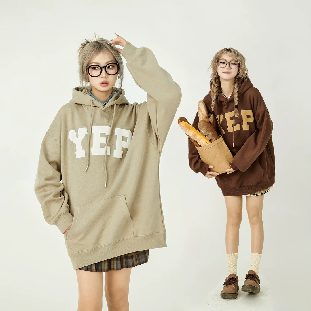 清仓连帽卫衣女春秋美式复古中长款上衣外套发泡印花棕色oversize