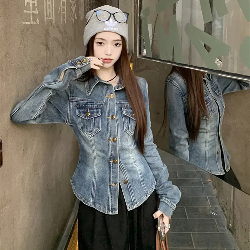 美式复古polo领牛仔外套女2025秋季新款高级感修身显瘦上衣938#