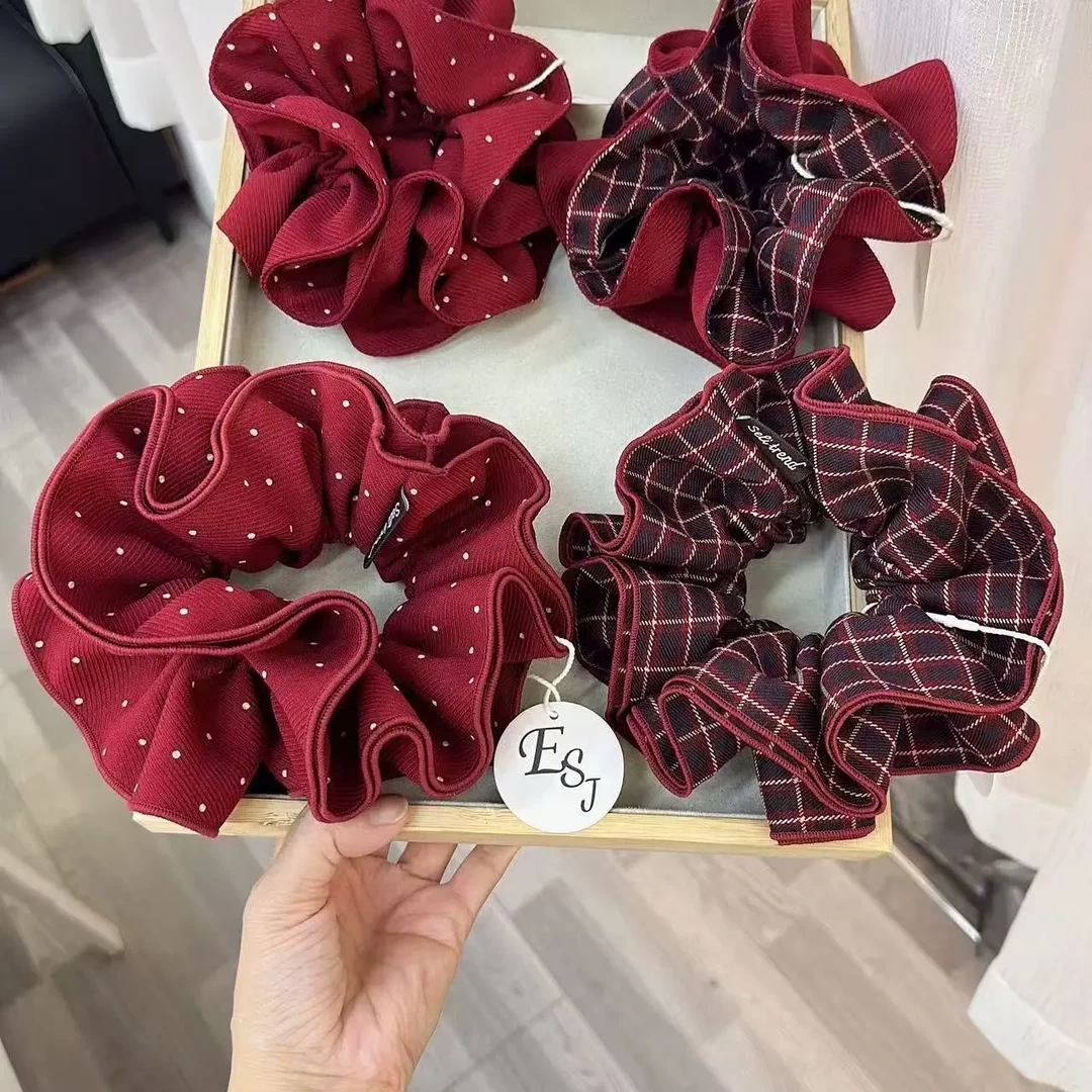 高级感红色格子大肠发圈秋冬复古女生扎马尾头饰