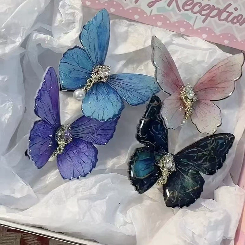 发卡蓝色网红紫色蝴蝶头饰发夹小众设计感感边夹女侧卡子古风发饰
