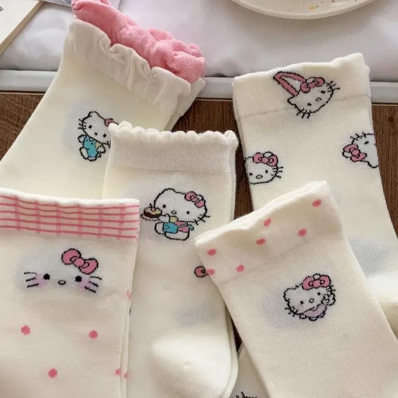 kt猫袜子女中筒袜春夏季薄款日系甜美卡通花边长袜白色长筒袜g