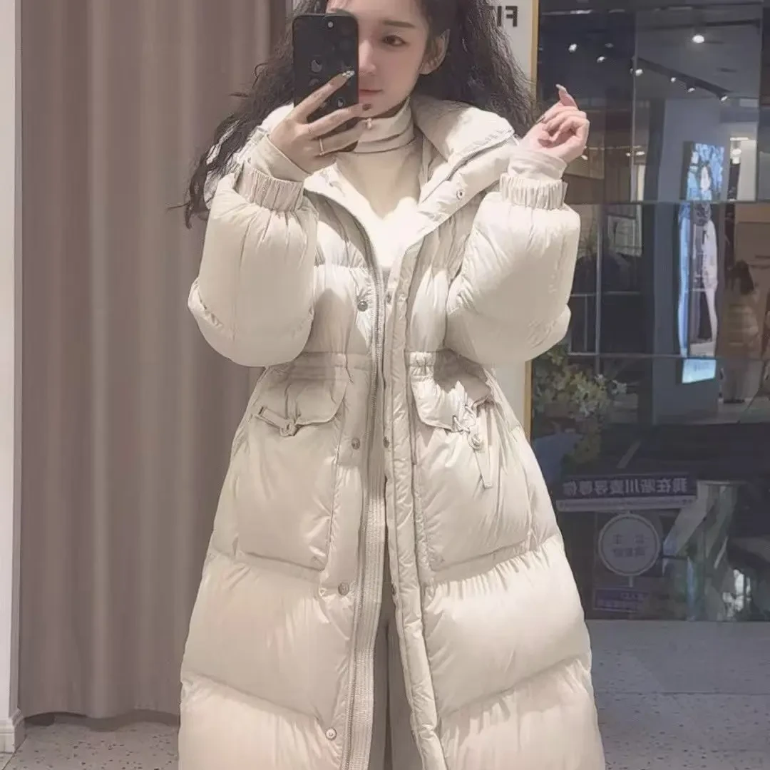 韩版中长款连帽手套款白鸭绒加厚收腰保暖女冬季外套