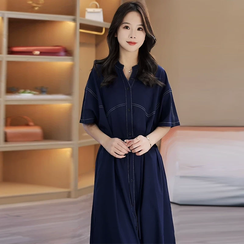 薄款时尚连衣裙2025年夏季新款女装短袖休闲复古减龄宽松大码裙子