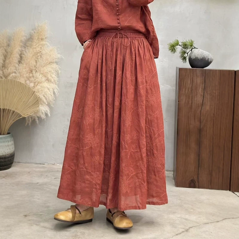 文艺高端细苎麻刺绣半身裙女夏季新款宽松系带轻盈垂感显瘦大摆裙