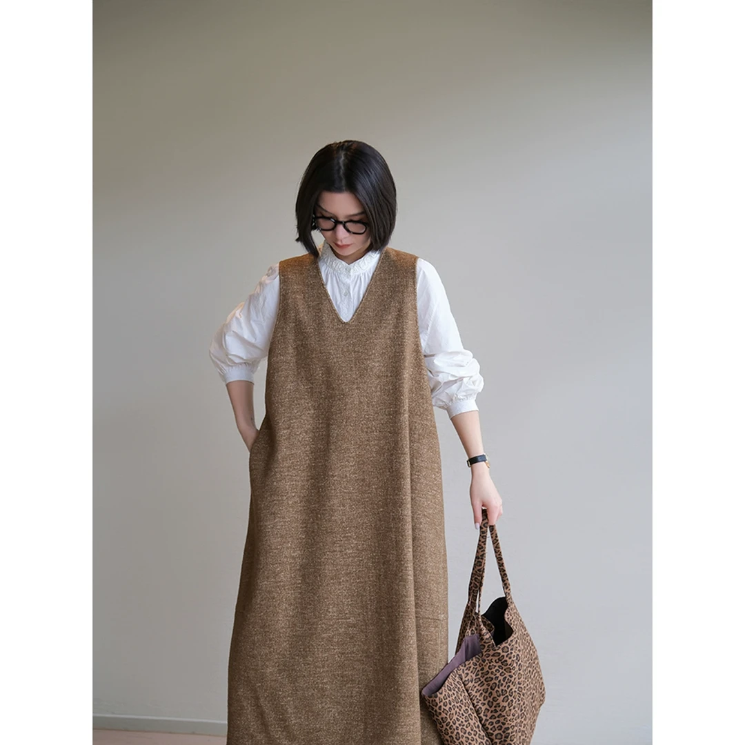 麻霖原创设计羊毛棉竖条纹肌理V领宽松无袖文艺复古茧型连衣裙