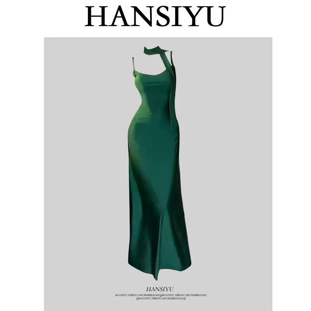 HANSIYU【赎罪】V领吊带收腰时尚气质百搭设计感连衣裙