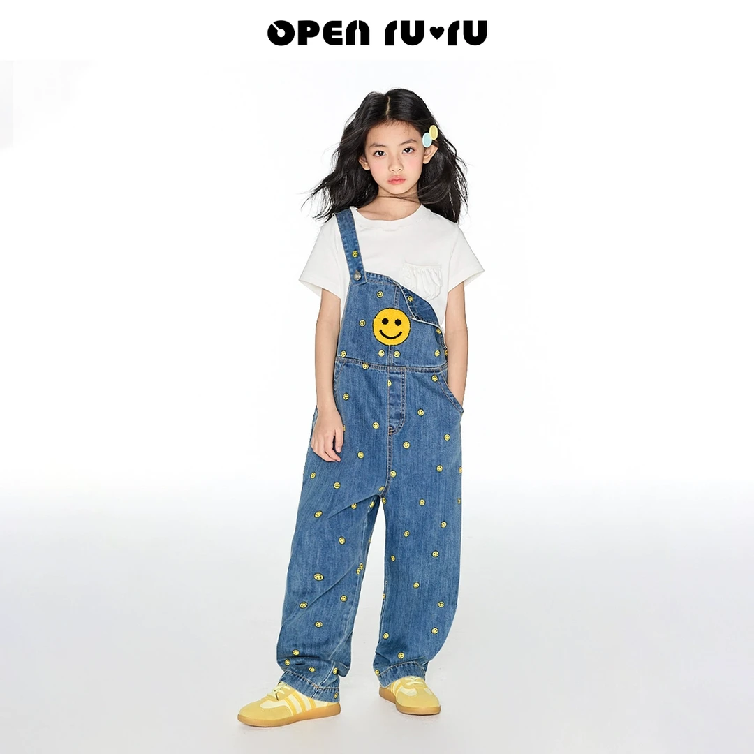 Opennunu女宝女童复古笑脸背带裤春秋潮流宽松阔腿直筒显瘦牛仔裤