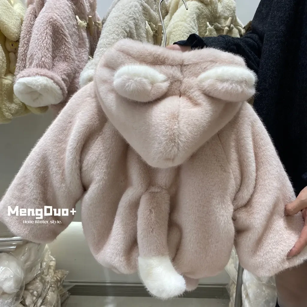 女童冬季加厚连帽毛毛外套保暖加绒可爱宝宝洋气上衣潮