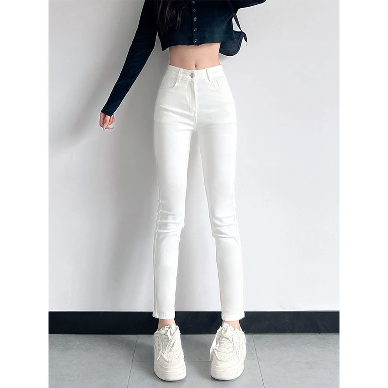 冬季白色高腰175高个子显腿长铅笔裤磨毛弹力小脚裤紧身牛仔裤女