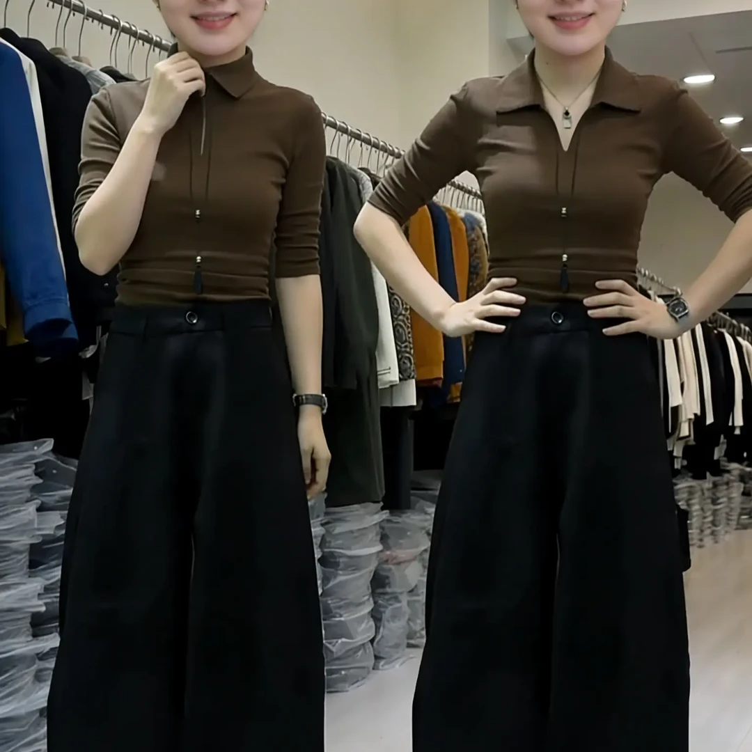 冬季高腰垂感星空纹拖地休闲裤时尚百搭显瘦黑色直筒弯刀裤冬新款