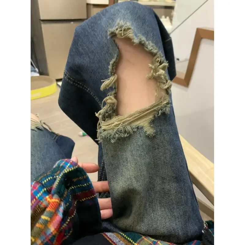 乞丐破洞水洗牛仔裤男春秋美式vibe高街潮牌情侣宽松直筒阔腿裤子