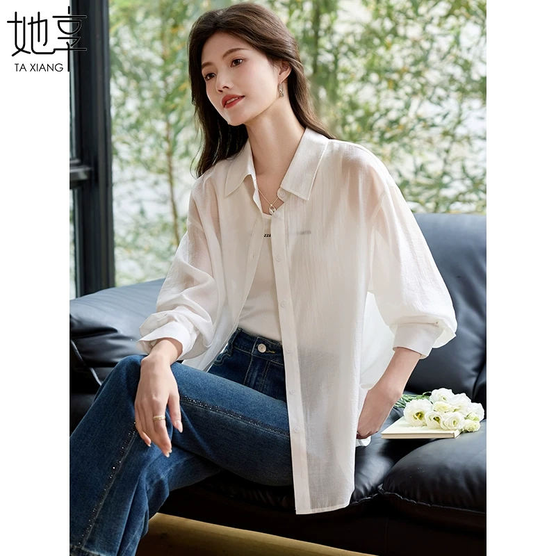 【她享】莱赛尔长袖翻领遮阳休闲衬衣外套后背系带空调衫T51S046