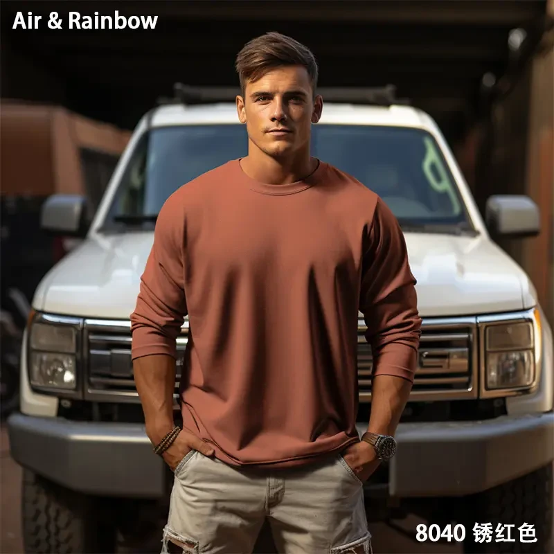 男女同款圆领百搭简约纯色休闲日常纯棉长袖恤薄款上衣男士红色