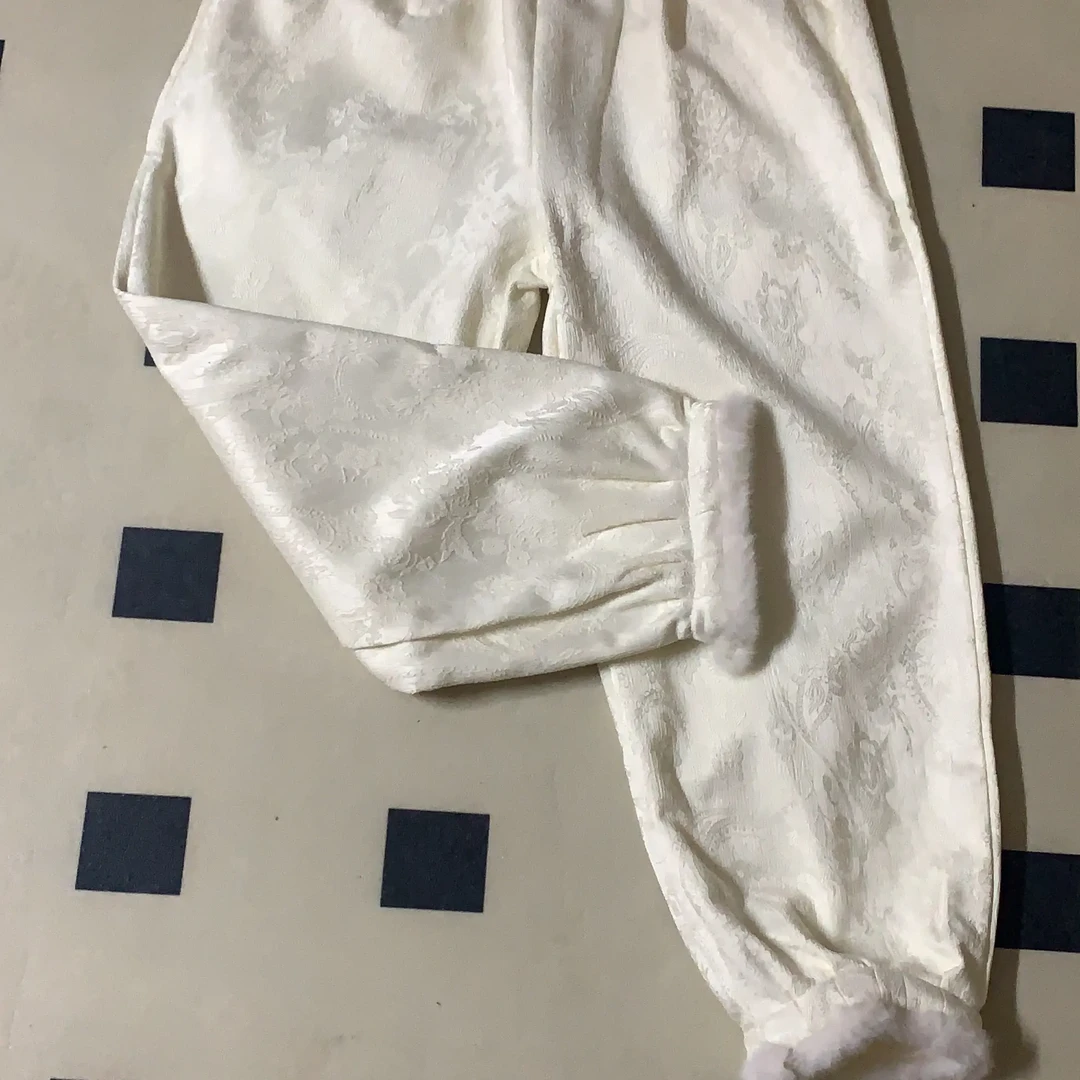 （美婷）大码微胖穿搭新中式国风提花加绒加厚高腰束脚休闲女士长裤