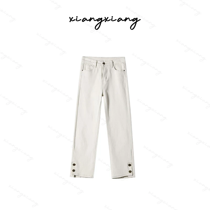 加绒加厚百搭裤直筒牛仔裤女高腰九分烟管裤简约通勤修身高腰筒裤