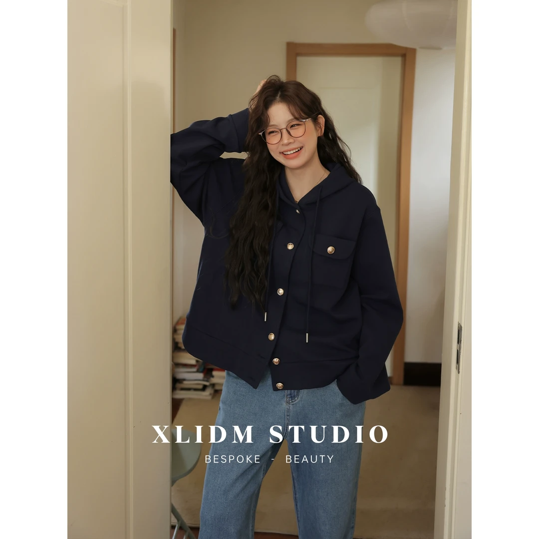 小俪自制大码女装稻穗棉落肩抽绳连帽秋季直筒休闲外套CD5T06184