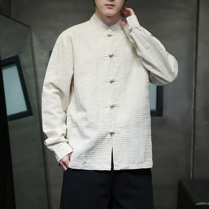新中式男装复古提花棉麻长袖衬衫春秋季中国风唐装小众肌理感衬衣