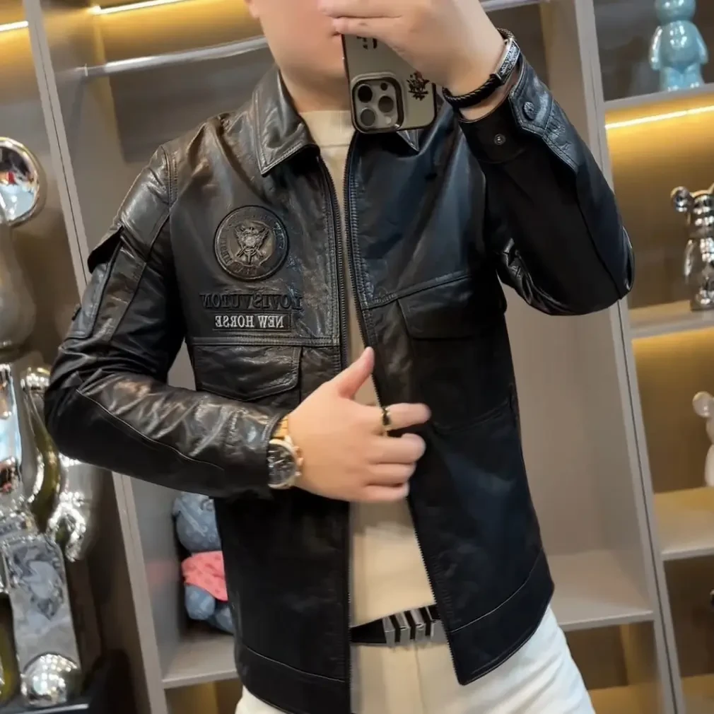 1179男士真皮皮衣韩版翻领轻奢刺绣高品质男士夹克外套穿搭