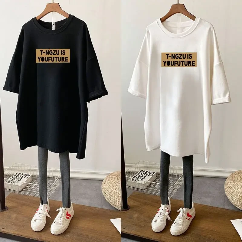 100%纯棉短袖T恤女中长款字母印花上衣大码宽松韩版夏季显瘦百搭