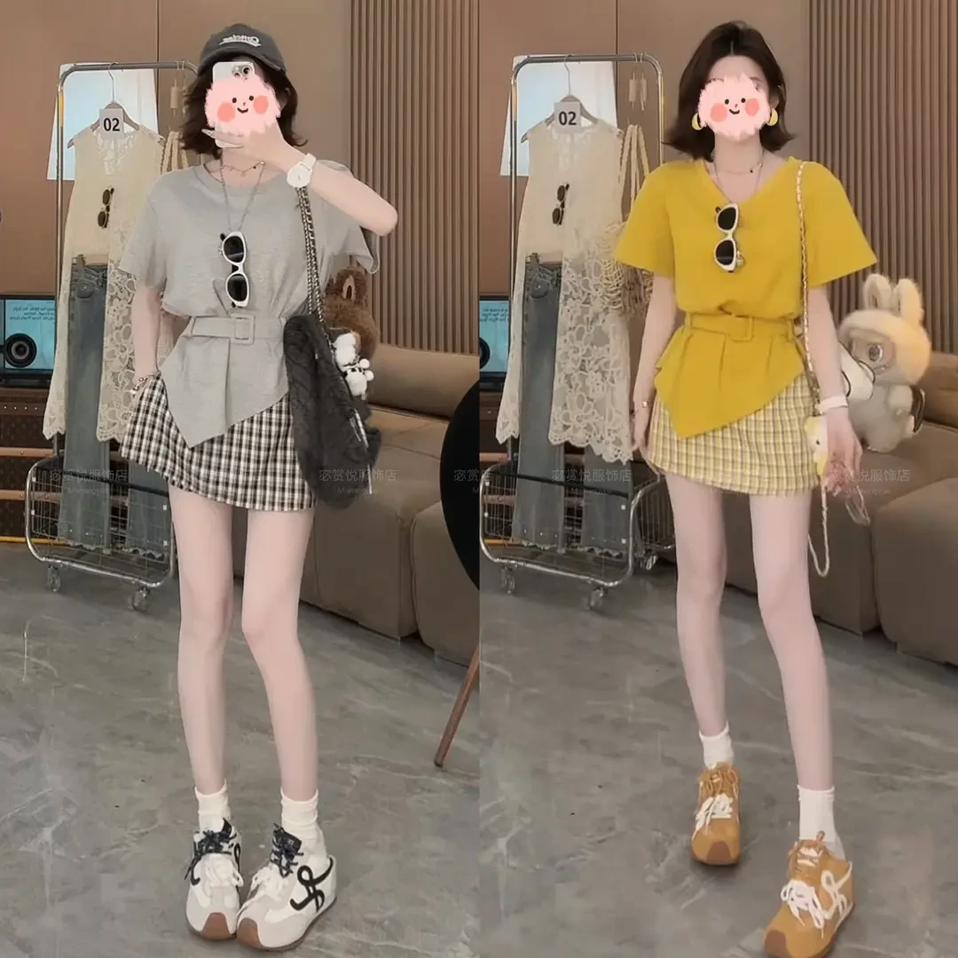 2025夏季韩系设计感斜边腰带短袖T恤上衣显瘦百搭格子半身裙套装