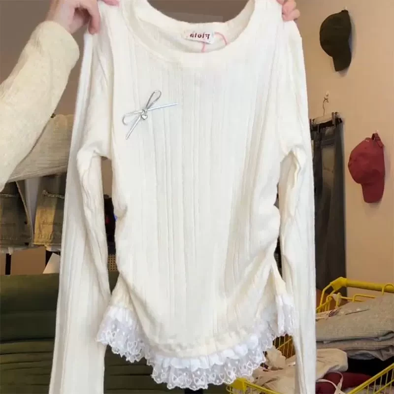 【8312】蕾丝拼接长袖打底衫T恤女冬季2025新款纯欲别致绝美上衣