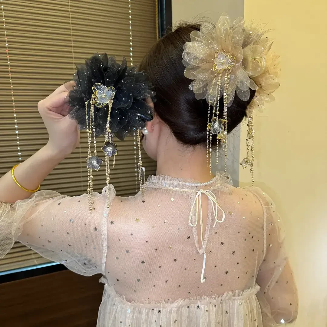 水钻发饰2025春夏新款“金枝玉叶”流苏抓夹气质百搭显发量鲨鱼夹