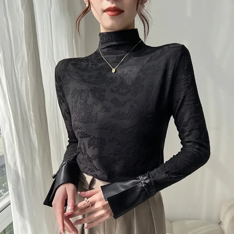 新中式半高领黑色打底衫2025新款女国风长袖高级内搭上衣洋气