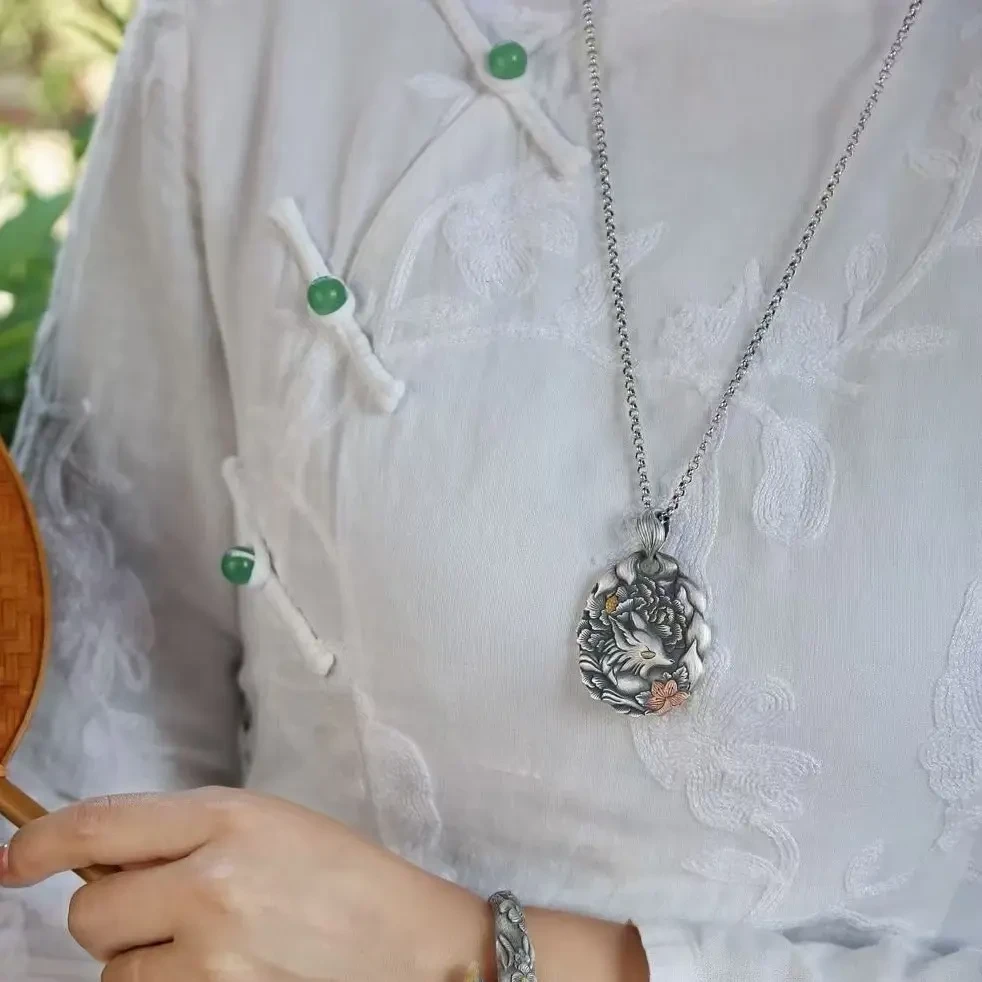 足银银制品  九尾狐錾刻国风复古民族风气质百搭银饰首饰饰品