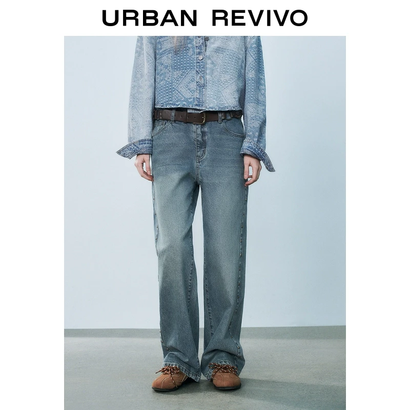 UR2025秋季新款女装复古休闲水洗棉质铆钉牛仔长裤UYL850024