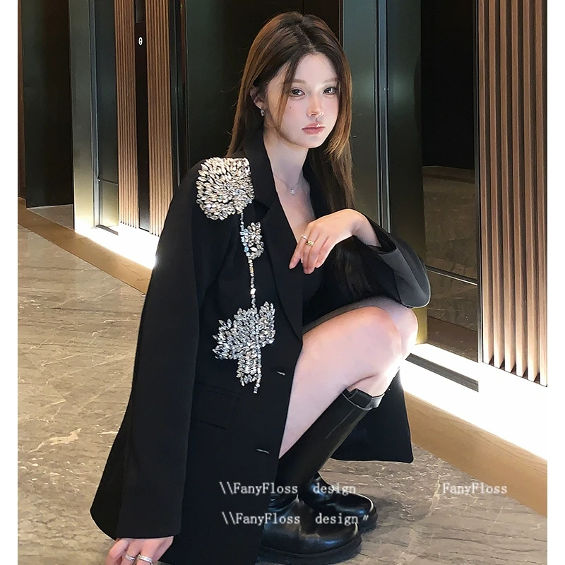 轻奢黑色钉钻花朵宽松西装外套名媛亮片洋气ol聚会西服