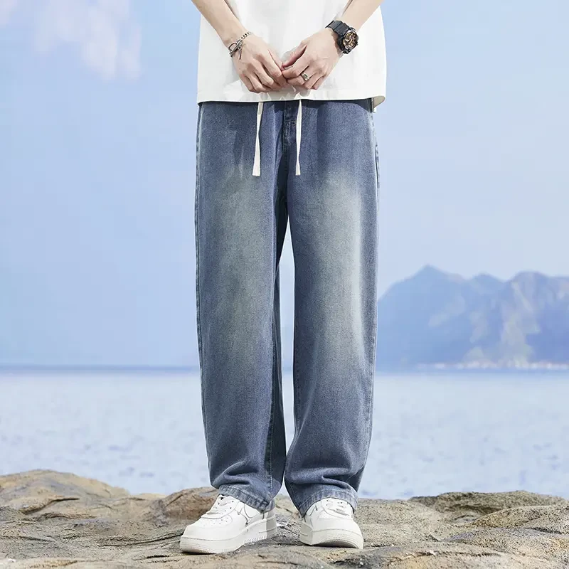 春夏软牛仔裤男女同款休闲百搭宽松浅色复古垂感直筒裤男黑色美式