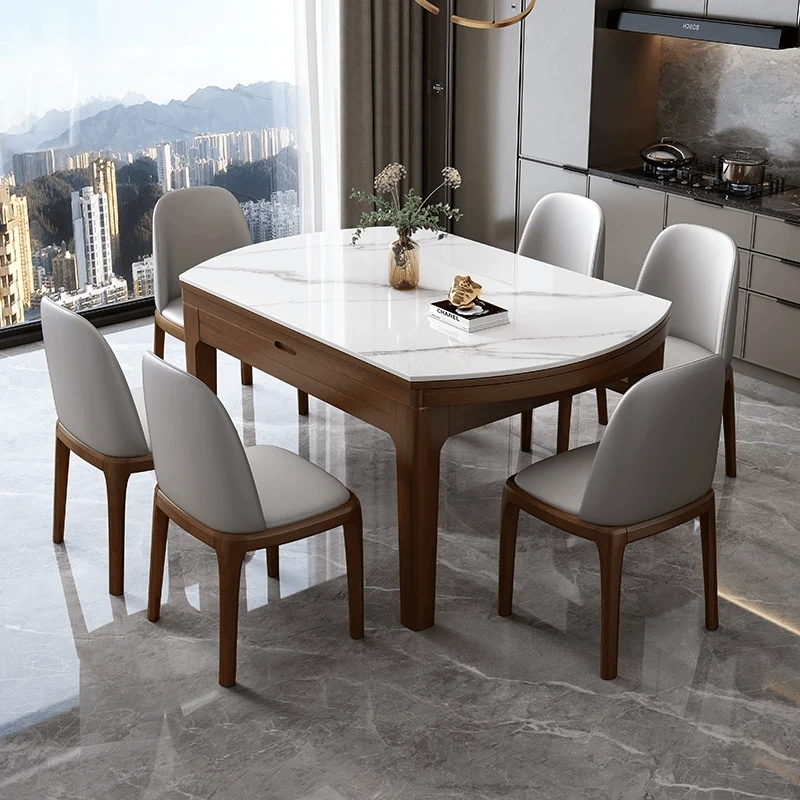 新中式岩板餐桌实木小户型家用伸缩折叠方圆两用吃饭桌可变圆餐桌