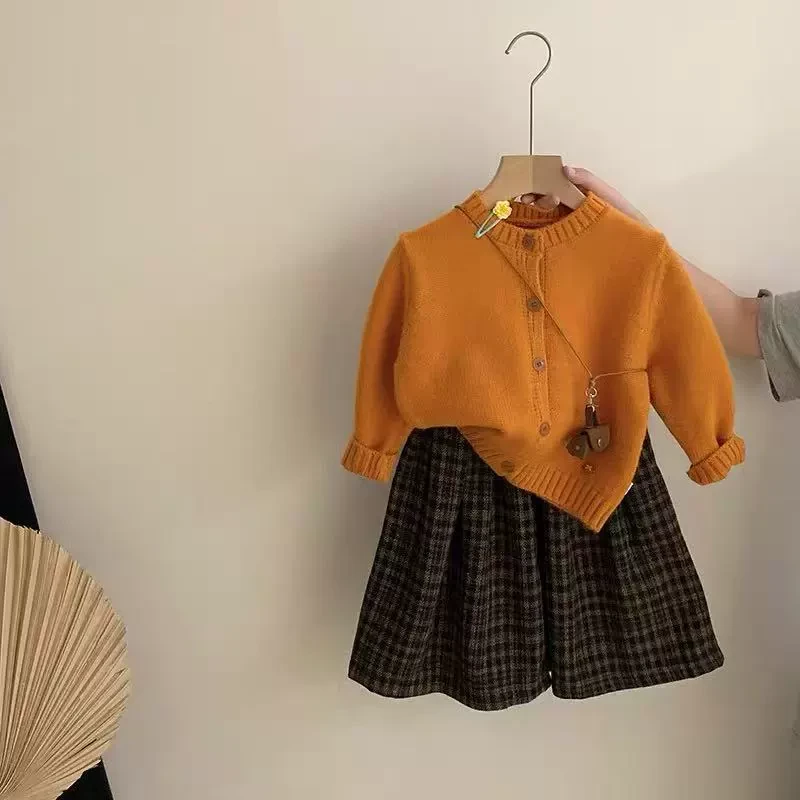 巨显白！女童韩系秋季开衫毛衣外套格子阔腿裤两件套31128