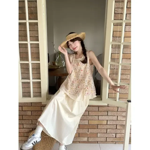甜美风套装女碎花系带无袖背心2025夏季新款高腰半身裙长裙两件套