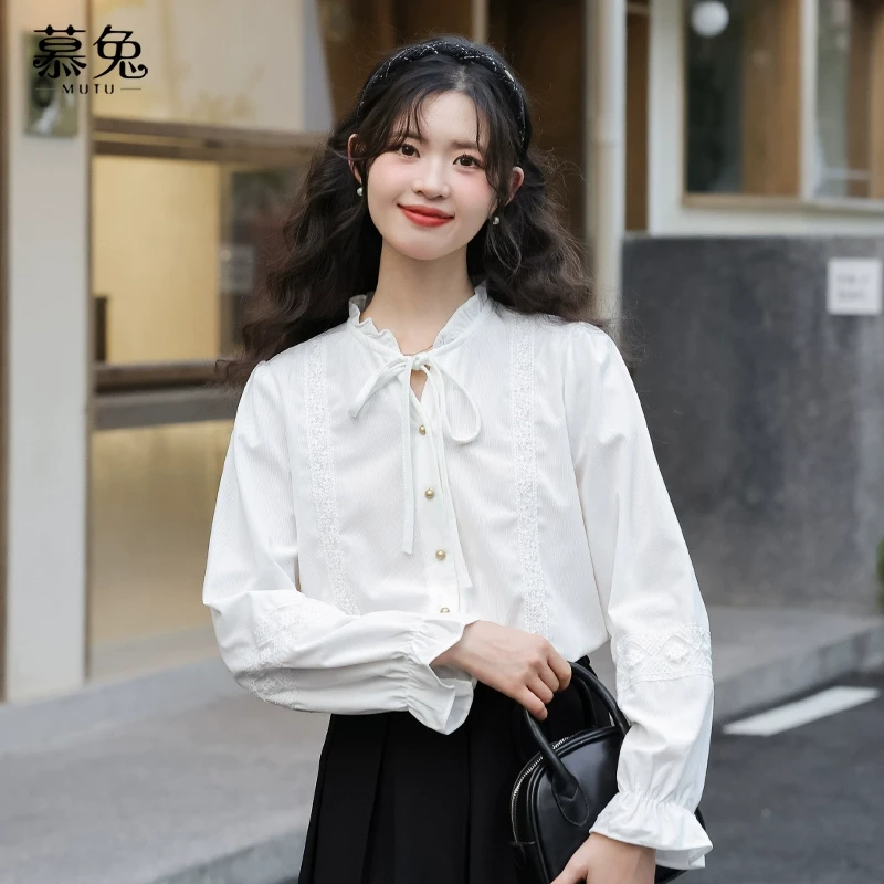 慕兔法式蝴蝶结系带长袖衬衫女2024秋季新款设计感小众木耳边上衣