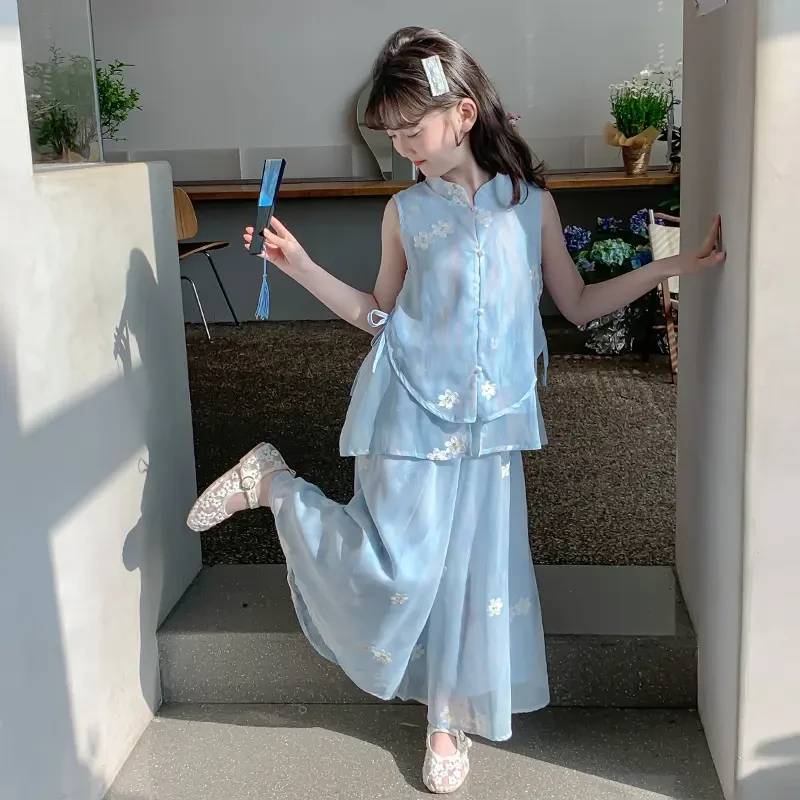 女童夏季新品新中式洋气薄款无袖阔腿裙裤宽松古风儿童套装两件套