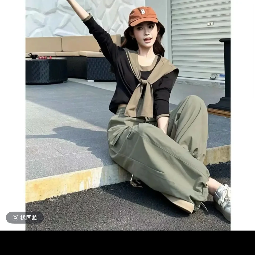 秋季气质休闲高腰阔腿裤套装配披肩显瘦减龄洋气
