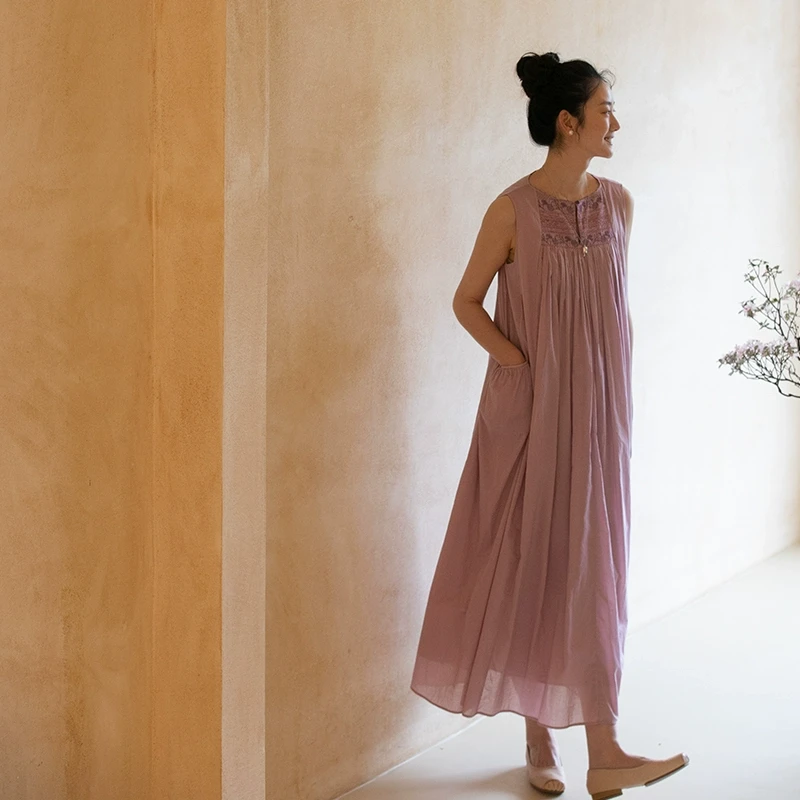 牧衣游原创 机绣80支新疆棉连衣裙夏粉色设计感文艺无袖长裙 诗月