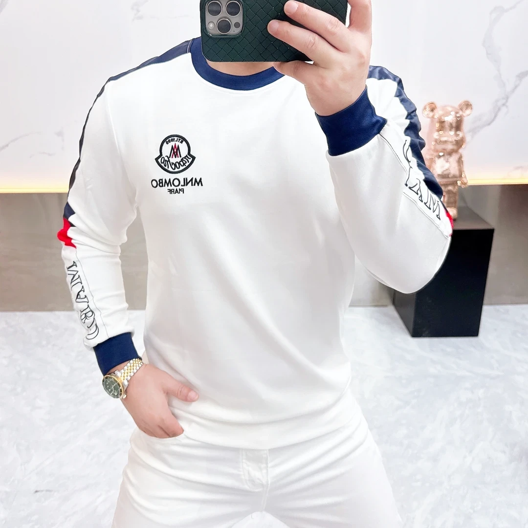 秋季撞色刺绣男士卫衣潮流百搭修身圆领卫衣轻奢痞帅时尚长袖上衣