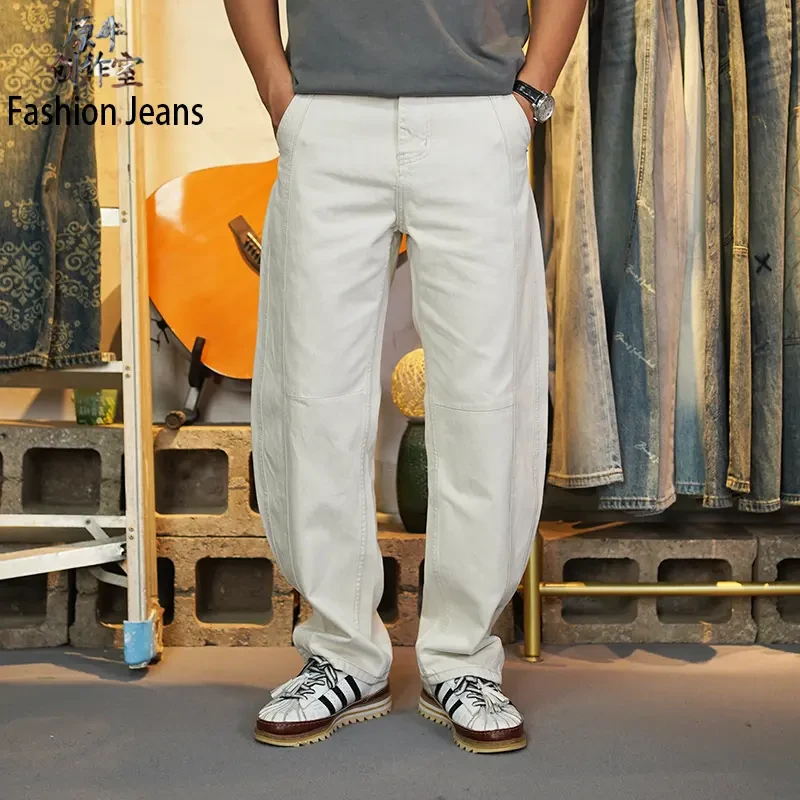 弯刀裤-香槟白-春夏新款美式复古牛仔裤男潮流百搭直筒休闲阔腿裤