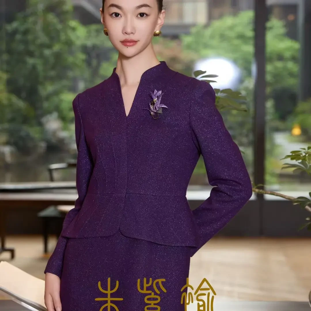 深紫色绵羊毛假两件套喜妈妈装礼服+170601