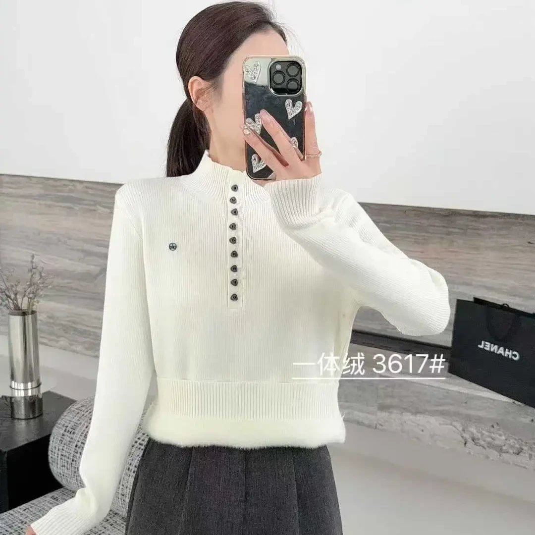 韩系半高领加绒加厚一体绒毛衣女秋冬季显瘦百搭针织打底衫上衣
